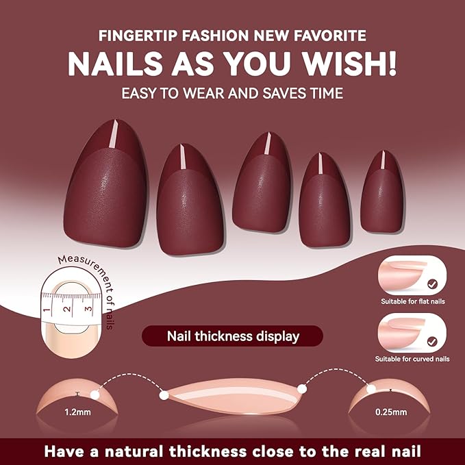 Red French Press on Nails Short Almond - Dark Red Nails with Glossy French Tip in a Matte Finish, Soft Gel Reusable Fall Burgundy Fake Nails Winter Stick on Nails for Women Gift, 32PCS 16 Sizes