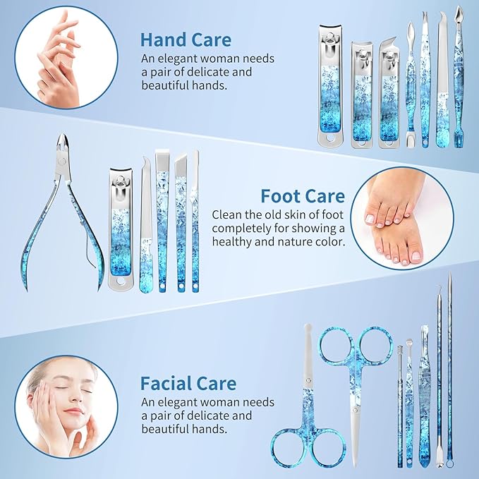Nail Clippers Set Fingernail and Toenail Clipper Cutters, Professional Manicure Pedicure Kit 18Pcs, Nail Care Grooming Tools with Luxurious Travel Case (Diamond Blue)
