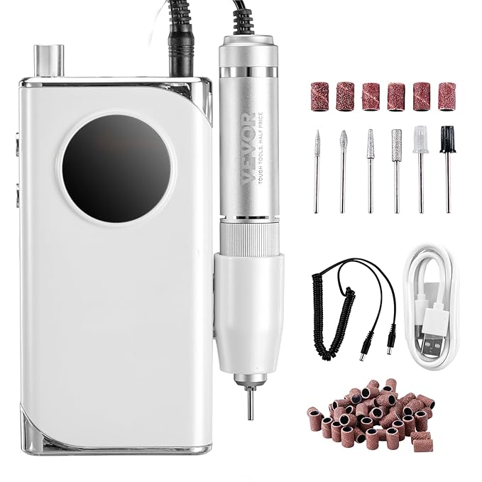VEVOR Electric Rechargeable Nail Drill, 40,000RPM Portable Cordless Nail E File Machine, LCD-Display Acrylic Gel Grinder Tool with 6 Bits and 50PCS Sanding Bands for Manicure Pedicure Carve Polish