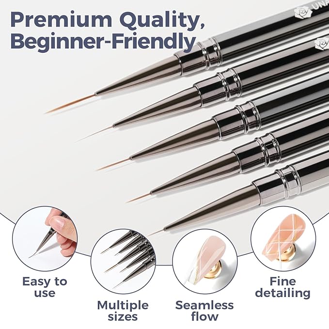 UNA GELLA Nail Art Brushes Metallic, Liner Pens 5Pcs Set For Nail Art Gel Polish, Gray Color, Detail Nail Art Design Painting Brush Set For Nails Gel Fine Drawing Nail Tools, 6/9/11/15/18mm