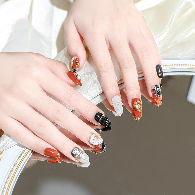 Sun&Beam Nails Handmade Press-on Short Round Red Black Gold Flower 3D Hand-Painted Design Fashion False Nail Tips 10 Pcs Set (#216 XS)