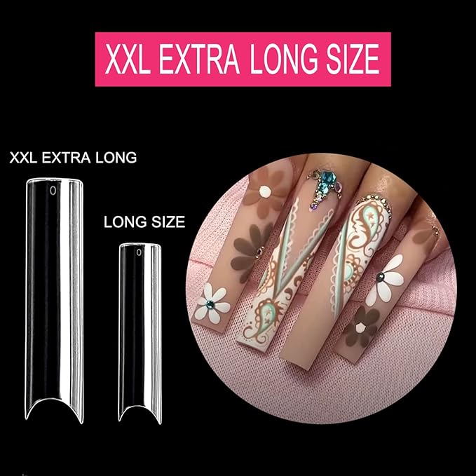 No C Curve Square Flat Nail Tips,SWETIDY 500Pcs XXL Extra Long Acrylic Clear Straight Tapered,Half Cover French Fake Nails for Nail Salon and DIY Nail Art 10 Sizes