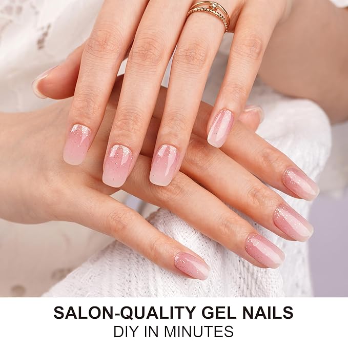 DANNI & TONI Semi Cured Gel Nail Strips Pink White Ombre Gold Glitter Gel Nail Wraps 28 Stickers | Pale Glint