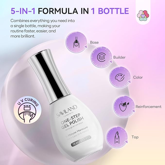 SAVILAND One-Step Gel Nail Polish Kit: Sheer Jelly Nude 5-In-1 Gel Polish Base Top Coat Builder Reinforcement In One Bottle with U V Light Quick Easy Manicure Home DIY Gift Travel Kit 15 ML