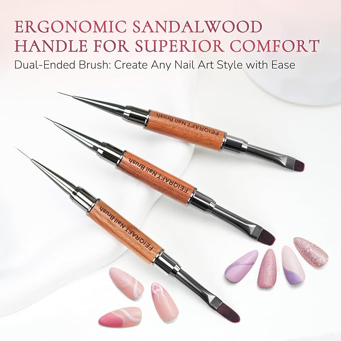 Dual-Head Acrylic Nail Art Brushes, 3Pcs French Manicure Brush Set with Flat, Square-Round & Angled Tips, DIY Nail Tools for Acrylic & Gel Polish, Wooden Handle with Metal Caps