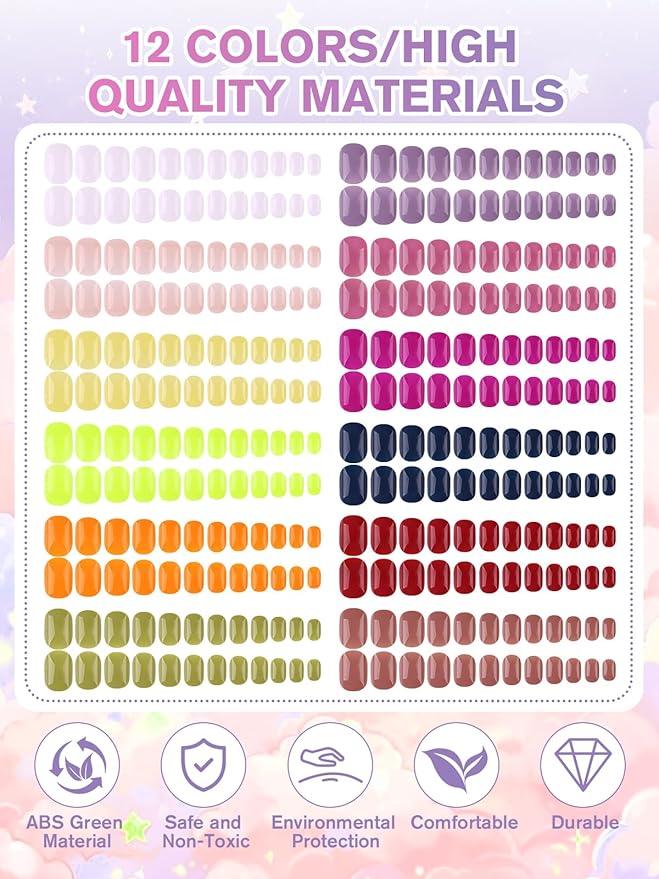 EBANKU 12 Pack Press on Nail, 288 Pieces Kids Short Glossy False Nails Short Full Cover Fake Nails for Girls with Nail Glue