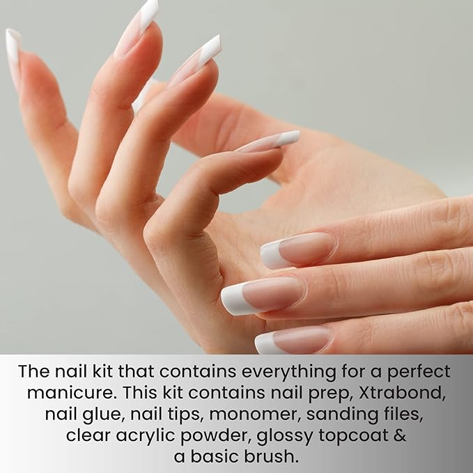 Mia Secret Acrylic Nail Kit: 1/2 oz liquid monomer, 1/2 oz clear acrylic powder, ultra quick nail glue, 1/2 oz ultra gloss top coat, fancy 20 nail tips, 1/2 oz primer, speedy zebra straight nail file 100/100, #8 nail brush and emery block