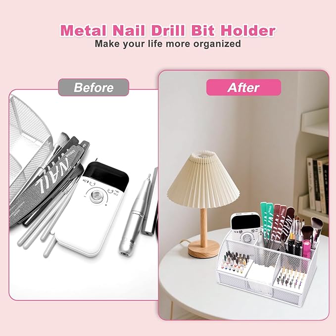 CGBE Nail Drill Bits Holder: 60 Holes Professional Drill Bit Holder for Nails - Mesh Metal Nail Tools Organizer Display Case - Nail Desk Organizer for Nail Tech - White (Not Included Nail Drill)