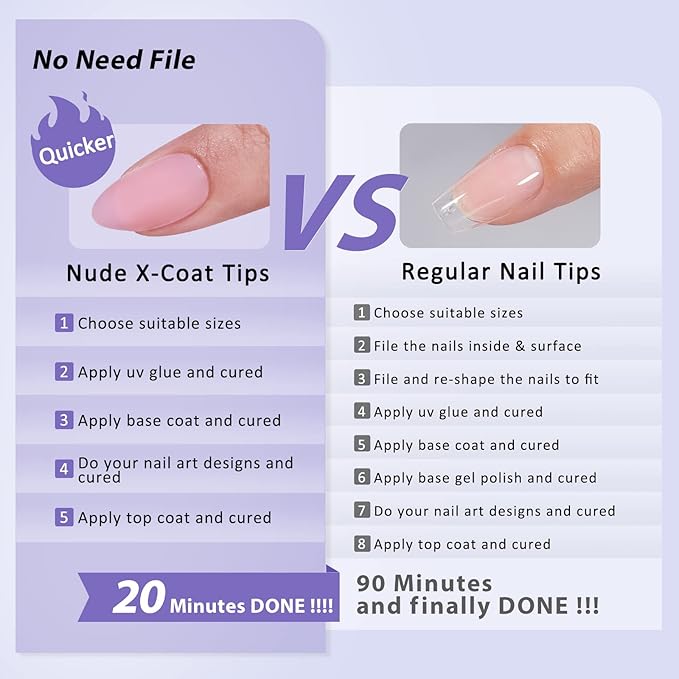 BTArtbox XCOATTIPS Natural Nail Tips Matte -Short Almond Press On Nails Pink, Long Lasting Soft Gel Nails False Nail, Soak Off Acrylic Fake Nails Extensions for Nail Art DIY