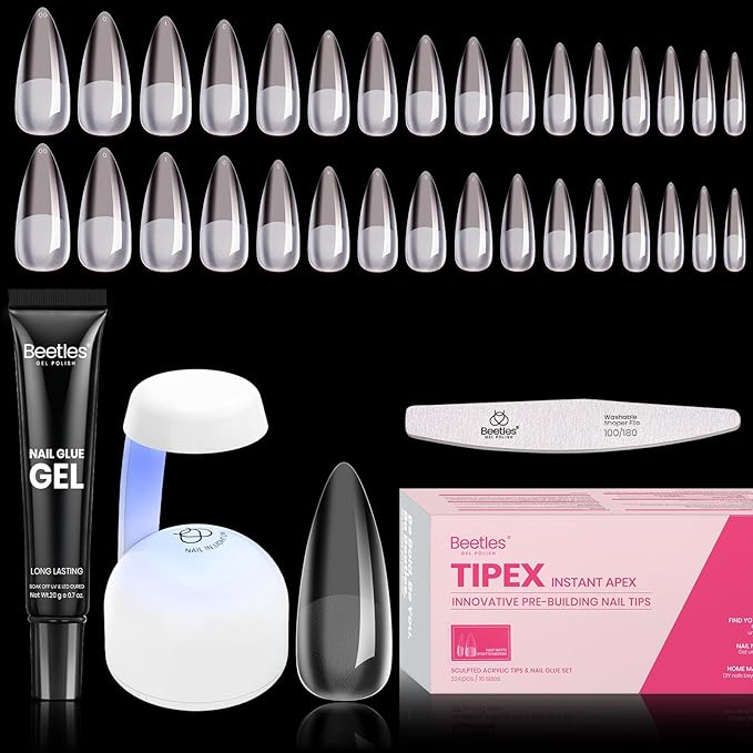 Beetles Tipex Nail Tips Kit Medium Stiletto, 224Pcs 16 Sizes,Pre-building Pre-Etched Strong Thicker Acrylic Tips with Mini U V Lamp Tipex Nail Glue