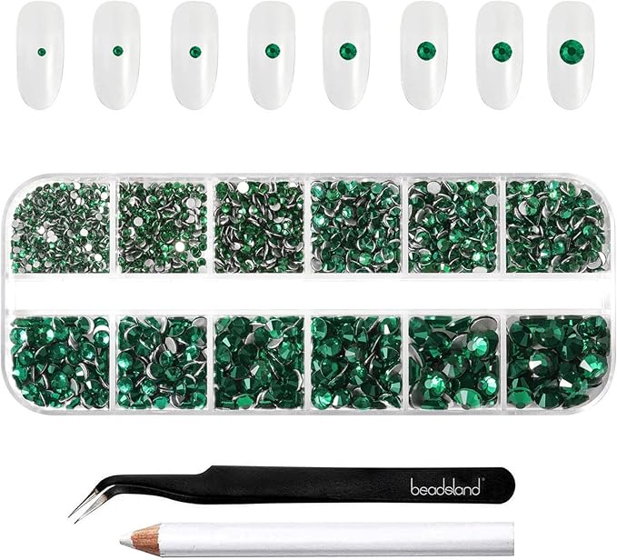 Beadsland Rhinestones for Makeup,8 Sizes 2500pcs Green Flatback Rhinestones Face Gems for Nails Crafts with Tweezers and Wax Pencil,Emerald,SS4-SS30