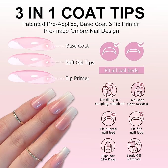 Ombre Press On Nails - 240Pcs Short Square False Nails Kit, Pink White Gradient Nail Tips Soft Gel False Nail with Glue Salon Fake Nails Kit Extensions DIY (Medium Long Square)