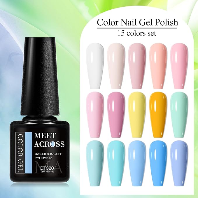 MEET ACROSS 18PCS Nude Gel Nail Polish Set Macaron Gel Polish Kit Pink Orange Sky Blue Nail Polish Set Spring Summer Gifts for Women 15 Colors