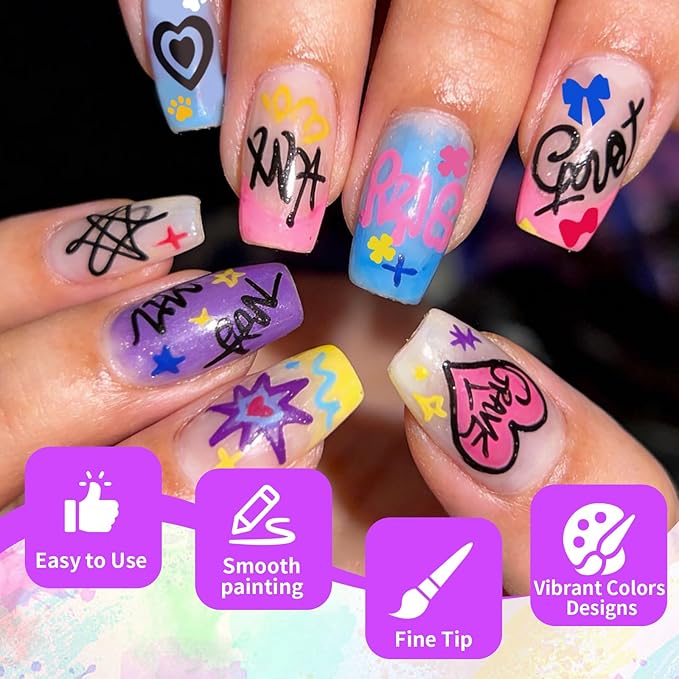 Nail Art Stencils Pens, 12 Nail Art Pens Markers + 14 Sheets Nail Stencils Cute Heart Butterfly Flowers Star Nail Stickers for Women Girl, Flexible Brush Tip, Bright Colors, DIY Nails Art Design Tools