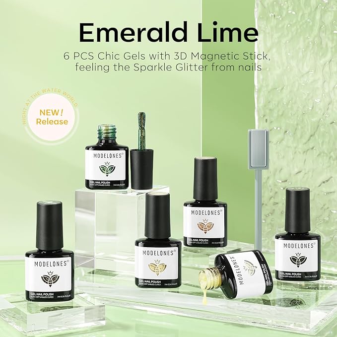 Modelones Gel Nail Polish Set, 6 Colors 2026 St Patricks Spring Green Gold Yellow Sparkle Reflective Glitter Gel Polish Dark Green 9D Cat Eye Nail polish with Magnet Soak Off LED Nail Art Kit DIY Gift