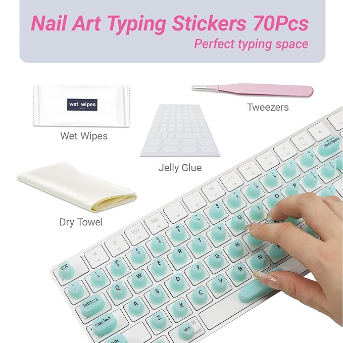 Raised Keyboard Stickers for Long Nails with Letters - Heart-Shaped Antistatic Silicone Protective Cover with Tweezers, Wet Wipes, Dry Towel & Jelly Glue, Ideal for Typing, Gaming & Nail Art (70 Pcs)