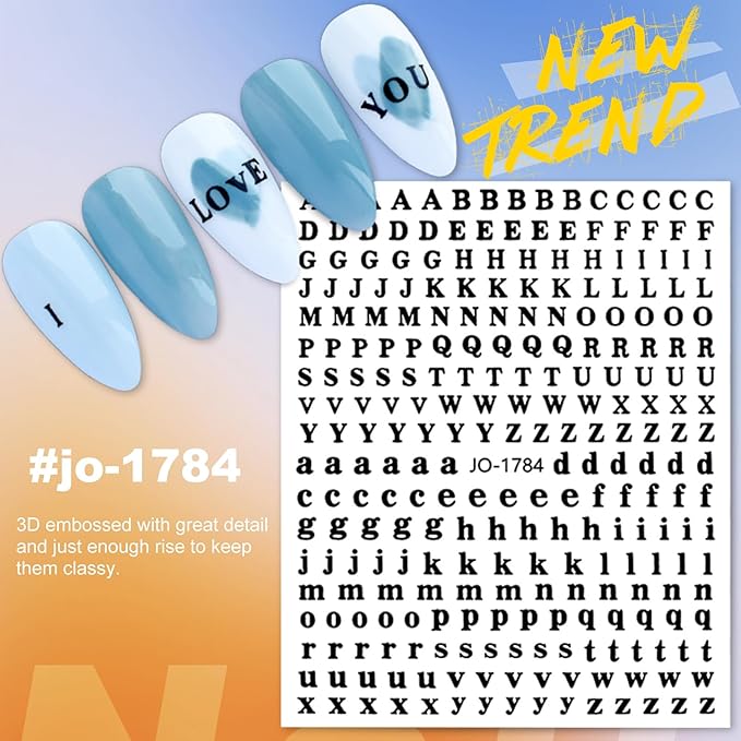 12 Sheets Letters Nail Stickers English Alphabet Nail Decals 3D Self-Adhesive Glitter Metallic Gold Silver Color Nail Sticker Black Alphabet Nail Art Supplies for Women Girls Nail Decoration 807-21