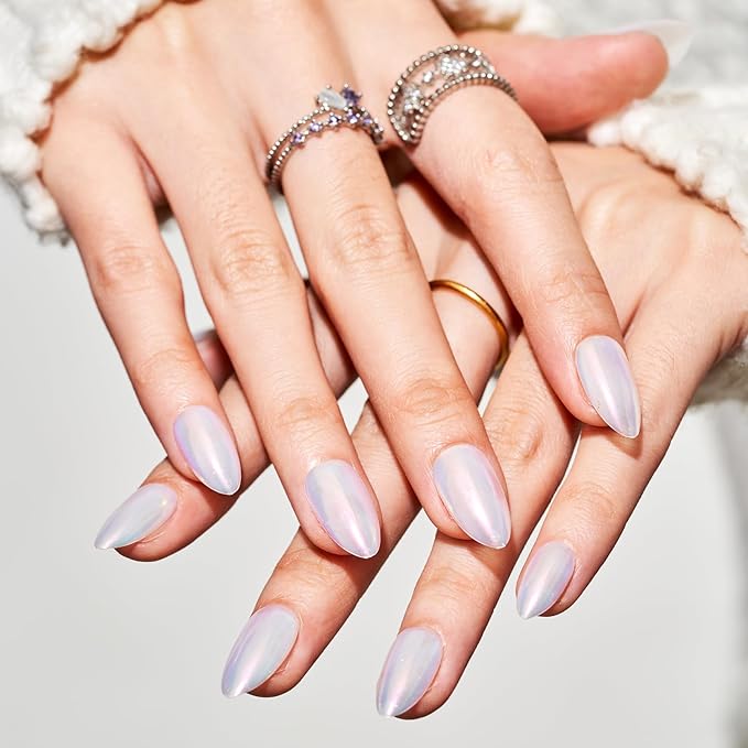 GLAMERMAID Chrome Pearl White Press On Nails Short Almond, Mirror Powder Handmade Soft Jelly Gel Fake Nails, Donut Glazed Round Oval Stick Glue on Nails Kit for Women, Reusable Acrylic False Nail Set
