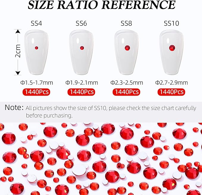 Red Flatback Rhinestones, Glass Rhinestones for Nail Art and Craft, Glue Fix, Loose Crystal Gemstones(Red, SS6, 2880pcs, 1.9-2.0mm)