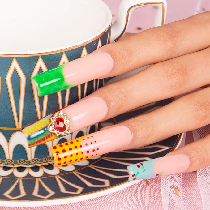 LOVFUL Press on Nails The Wonderful Meadow | Handmade with Full Covered Crystals | Reusable Fake Nails | Square Mid length 1.7in | H224-S