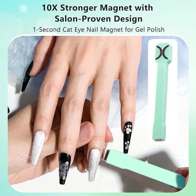3-in-1 Cat Eye Magnet & French Tip Brush Set, Upgraded Nail Art Tool Kit for Magnetic Gel Polish, with Nail Clean Up Brush for Salon & Home Use (NAT266-Green)