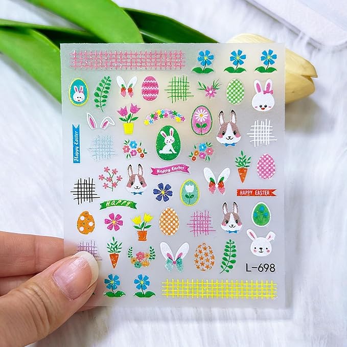 Easter Glitter Nail Art Stickers Decals 3D Self-Adhesive Nail Art Accessories Cartoons Bunny Chick Egg Designs Sticker Lovely Easter Manicure DIY Nail Decorations 6 Sheets