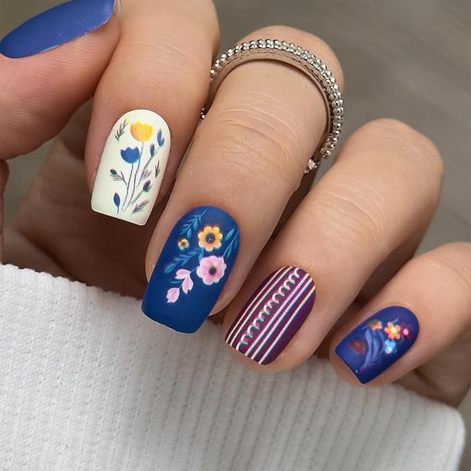 CurvLife Press On Nails Short Squoval, Reusable Soft Gel Fake Nails, Blue Purple Floral Pattern Glue On Nails with Adhesive Tabs, Salon Quality Natural Fit for Women Girls