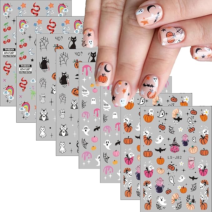 8Sheets Halloween Nail Art Stickers Cute Ghost Pumpkin 3D Self-Adhesive Nail Decals Spider Web Bat Cat Skull Designs Nail Decorations Halloween DIY Manicure Nail Supplies for Women Girls&Kids…