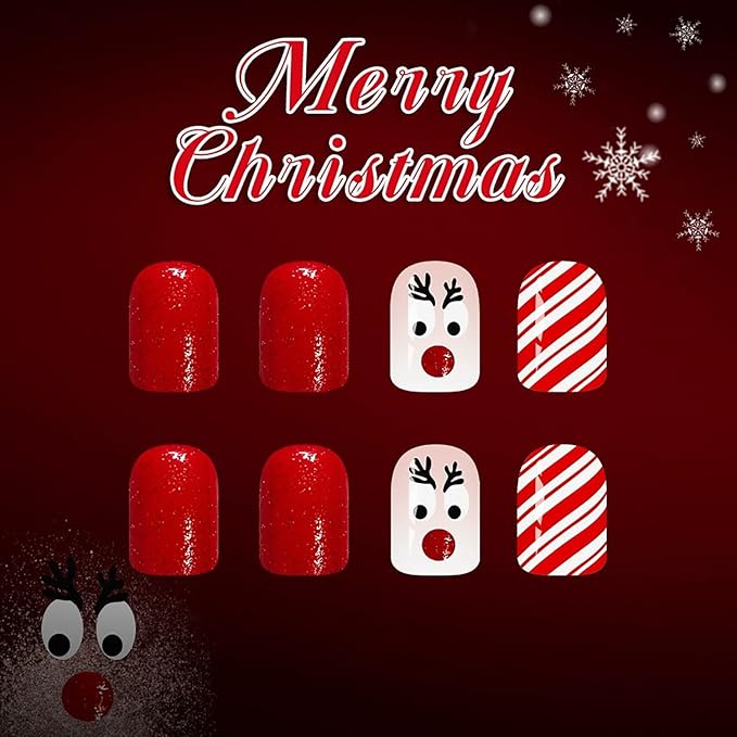 Christmas Press on Nails Short Square Fake Nails with Cute Elk Designs Red Glitter Xmas False Nail Winter Acrylic Stick on Nail for Women 24 Pcs