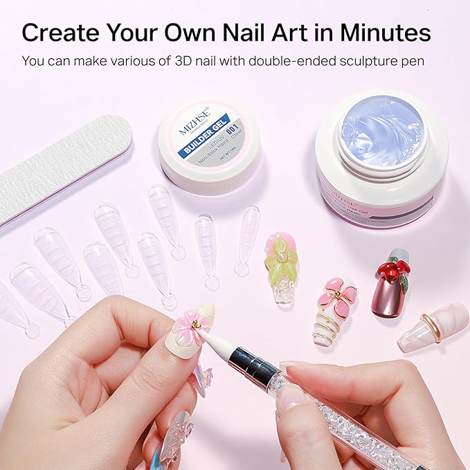 MIZHSE Clear 3D Gel Nail Art Solid Builder Gel for Nails, 5 in 1 Non-Sticky Sculpture Hand Carving Nail Extension Gels with 24pcs Dual Form for 3D Patterns Flowers for Beginner DIY Salon at Home