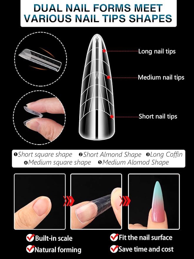 EBANKU 288PCS Nail Dual Forms for French Nails, Dual Nail Forms Molds Acrylic Nail Tips, Duet System Dual Forms Sticker Silicone Reusable Pads, 12 Styles 12 Sizes Scale for Manicure Extension, Clear