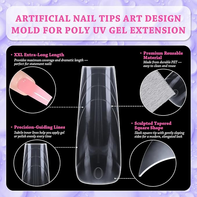 Outopen 150pcs Long Coffin Nail Forms for French Nail Extension, Thicken Clear Coffin Nail Mold for Polygel Acrylic Extension, Full Cover Fake Press On Nail Molds, 15 Sizes