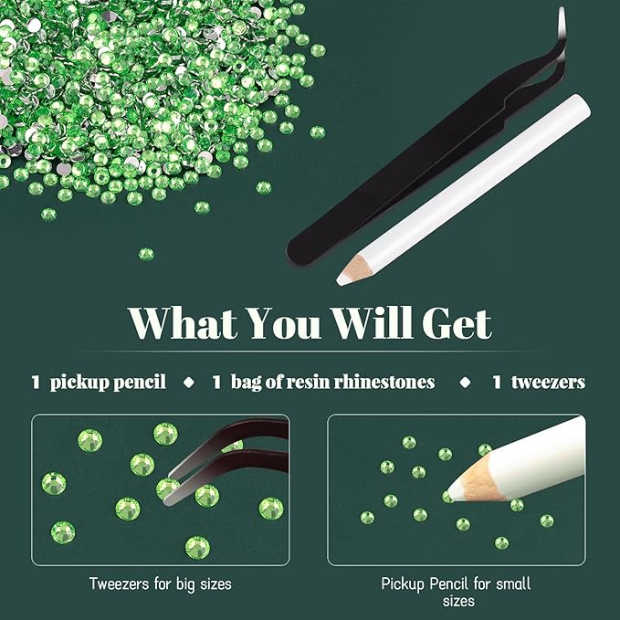 12000PCS 2mm Resin Rhinestones Bulk for Crafting (Light Green), Flatback Bedazzling Crystals for Crafts DIY Nail Decoration, Gems Charms for Tumbler Shoes Clothing Fabric with Pickup Pen and Tweezers