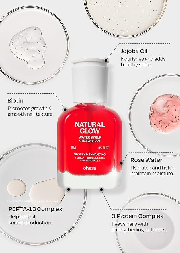 ohora Natural Glow Water Syrup Nail Strengthener (Strawberry) - Tinted Nail Hardener for Brittle, Damaged Nails, Quick-Dry Glossy Finish, Nail Repair & Growth, 15 mL