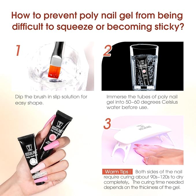 ROSALIND Poly Nail Gel Kit -16 Colors + White Brown Nail Art Accessories kit Clear Nude Poly Nails Gel Kit Starter Kit With Slip Solution Nude Pink Nail Extensions Gel Set with Mini UV Lamp