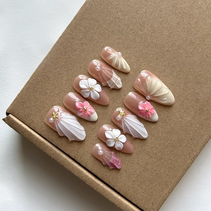 Press On Nails Medium Length Almond Shape False Nails, Handmade Acrylic Gel Fake Nails with Art Designs, Reusable 10 Pcs 3D Nails for Women DIY Manicure Kit (Size L)