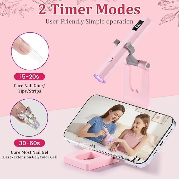 Handheld UV Nail Light with Stand, Mini Hand Held Nail Lamp with LED Display, Rechargeable Flash Cure Nail Lamp, Settings 20/60s Timer, Small Nail UV Light for Gel Nails Polish Home DIY, Pink