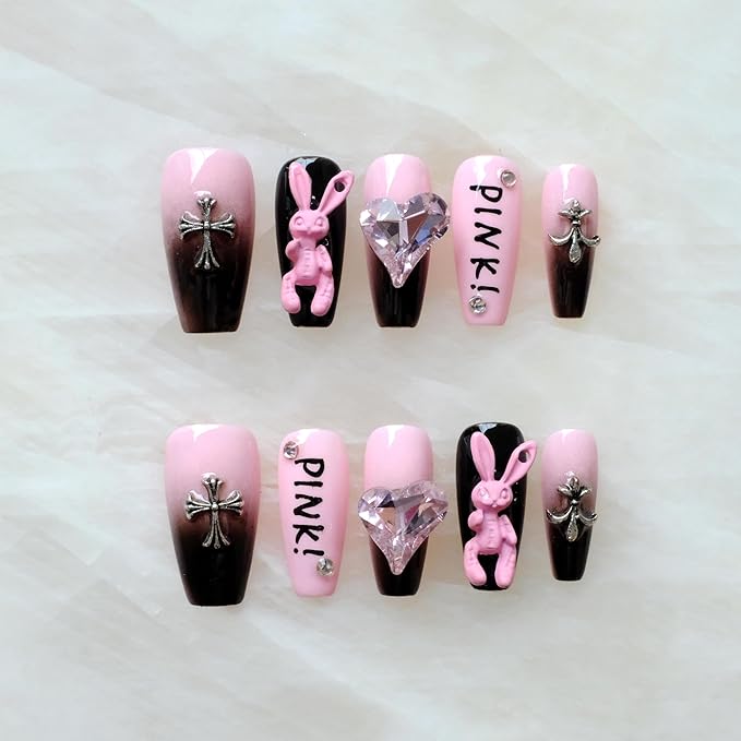 Luxury long Long Ballerina Press-On Nails, Pink and Black Gothic Design with 3D Bunny and Diamond Heart, Handmade False Nail 10 Pieces (Large, LS)