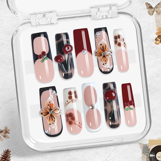 Trendy Cherry Leopard Press-On Nails 10pcs, Handmade Acrylic Square Tips with 3D Blossom Art & White French Mix, Tortoiseshell Accents, Reusable Full Cover Nail Set for Fashion Everyday Style – Appife
