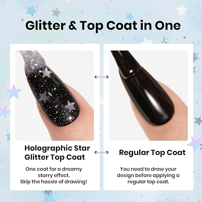 Beetles Glitter Top Coat for Gel Nail Polish 15ml - Reflective Silver Star Glitter Shiny No Wipe Uv Gel Top Coat Nail Art Star Sparkle Manicure DIY Home Salon