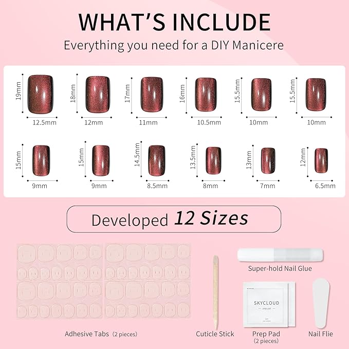 Brown Red Cat Eyes Press On Nails,12 Sizes-24 Pcs Soft Gel Brown Red Medium Square Fake Nails Kit with Nail Glue, Natural Reusable Stick On False Nails for Women and Girls (Skycloud Nails) SK0927