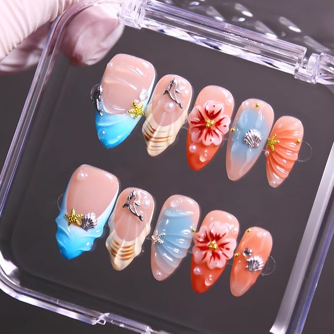 Press On Nails - Handmade French Almond Fake Nails, Cute Shell Nails Design, Reusable Artificial Almond False Nails for Women 10 Pcs 3D Acrylic Nails Kit (Size L)