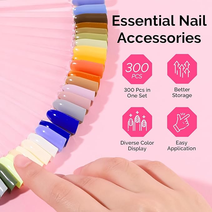 MelodySusie 300 Pcs Nail Swatch Sticks with Ring, Clear Swatches for Gel Polish, Transparent Acrylic Practice Tips, Suitable for Displaying Colors, Training Nail Art for Beginners and Professionals