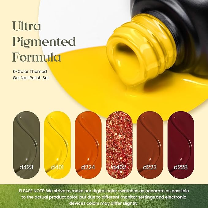 Beetles Gel Nail Polish Set 6Pcs Brown Green Yellow Burgundy Orange Glitter Gel Polish Nails Art Soak off Uv LED Manicure Gift Set Golden Season Collection 2025 Nail Trend Gift for Women
