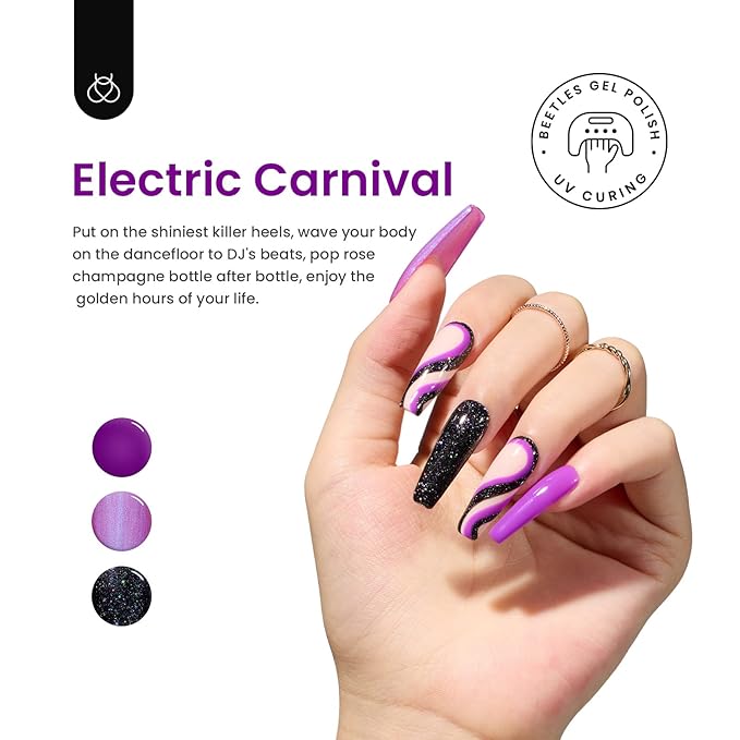 Beetles Purple Gel Nail Polish, 6 Colors Glitter Hot Pink Gel Nail Polish Kit Pink Black Shimmer Soak Off Uv Gel Polish Set Dreamy Swirl Thread Effect DIY Manicure Gift for Women