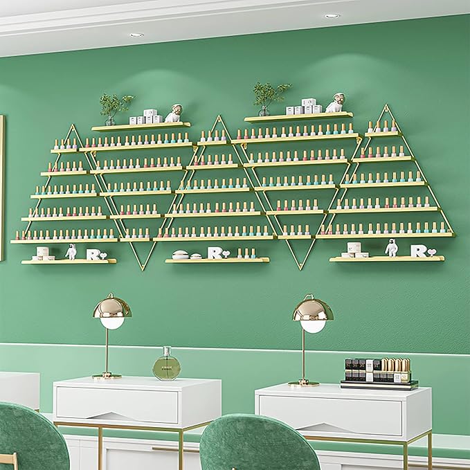 Wall mounted Metal Nail Polish Display Rack,Triangle Nail Polish Bottle Storage Holder,nail polish Essential Oil Perfume Organizer Floating Shelf Ledges Combination for Nail Salon Shop/Retail Shop
