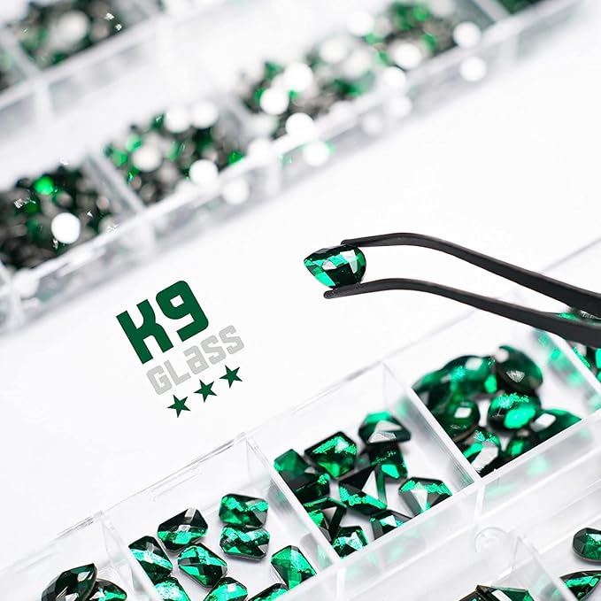 24 Styles Emerald Green Nail Rhinestones Multi Shapes Flatback Crystals Gems Round Beads K9 Glass Stones Diamonds Jewels Nail Art Charms Supplies for Nails Face Eyes Makeup Crafts Clothes Shoes