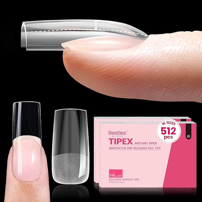 Beetles Tipex Instant Apex Nail Tips, 512Pcs Square Medium Pre-Building Pre-Etched Gel Nail Tips Thicker Acrylic Nails Strong Full Cover False Nail Extension Building 16 Sizes