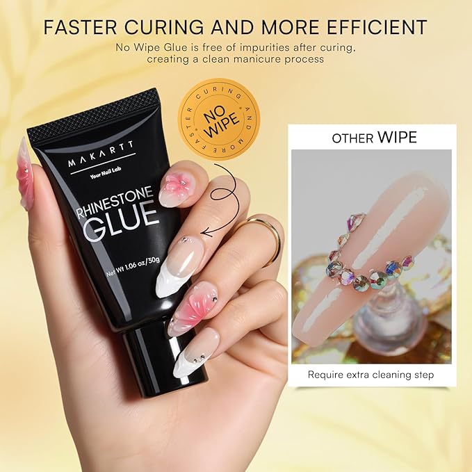 Makartt Nail Rhinestone Glue Gel Set: 60g 3D Super Strong No Wipe Nail Glue for Charms Gems Crystals Beads Decorations Gem Grip Glue DIY Beginners & Salon UV Lamp Needed (2PCS Low & Medium Viscosity)