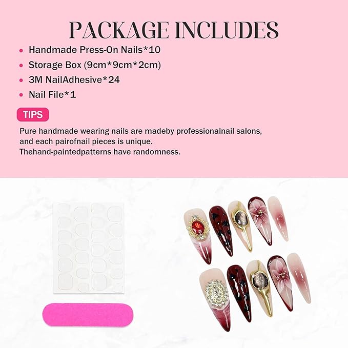 Handmade Press on Nails Long - Burgundy French Tips 3D Floral Fake Nails Glossy Stiletto False Nails with 3D Cat's Eye and Charms Designs Acrylic Nail Sparkly Stick on Nail for Women 10Pcs (Size M)